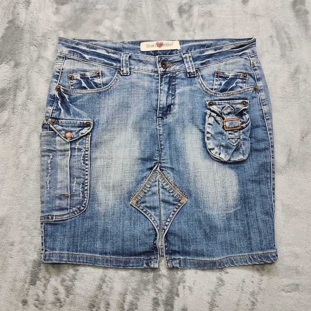 Vintage Y2K Blue Collection Skirt Womens 33‎ Blue Denim Cargo Front Slit Mini
